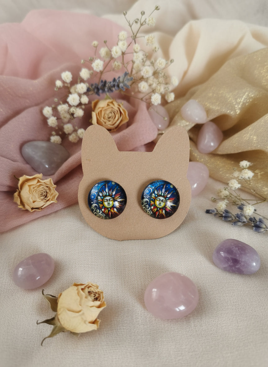 Cabochon Mystical Earring with Sun and Moon