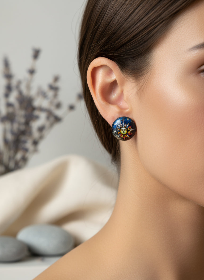 Cabochon Mystical Earring with Sun and Moon