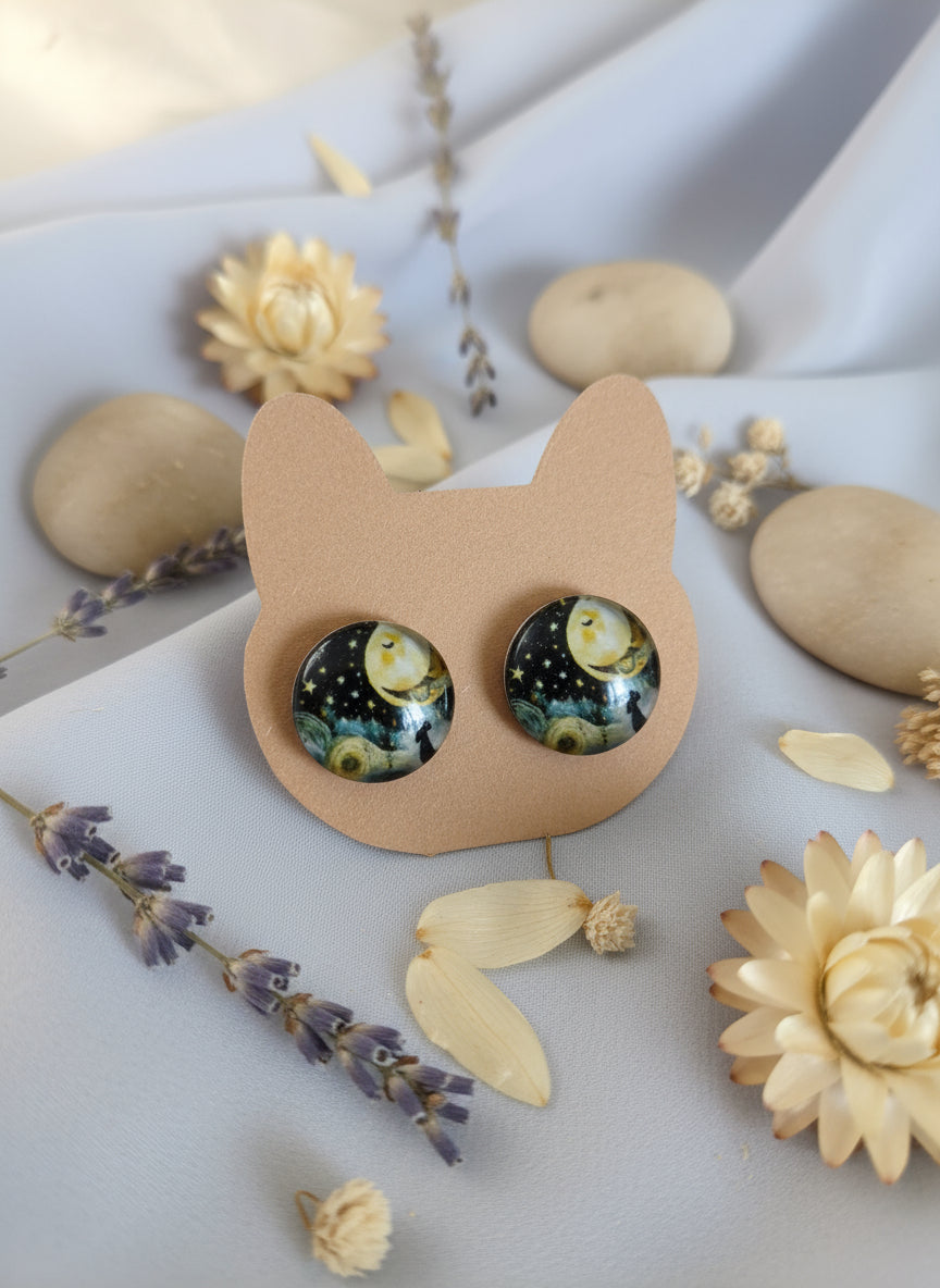 Cabochon Mystical Earring with Sun and Moon