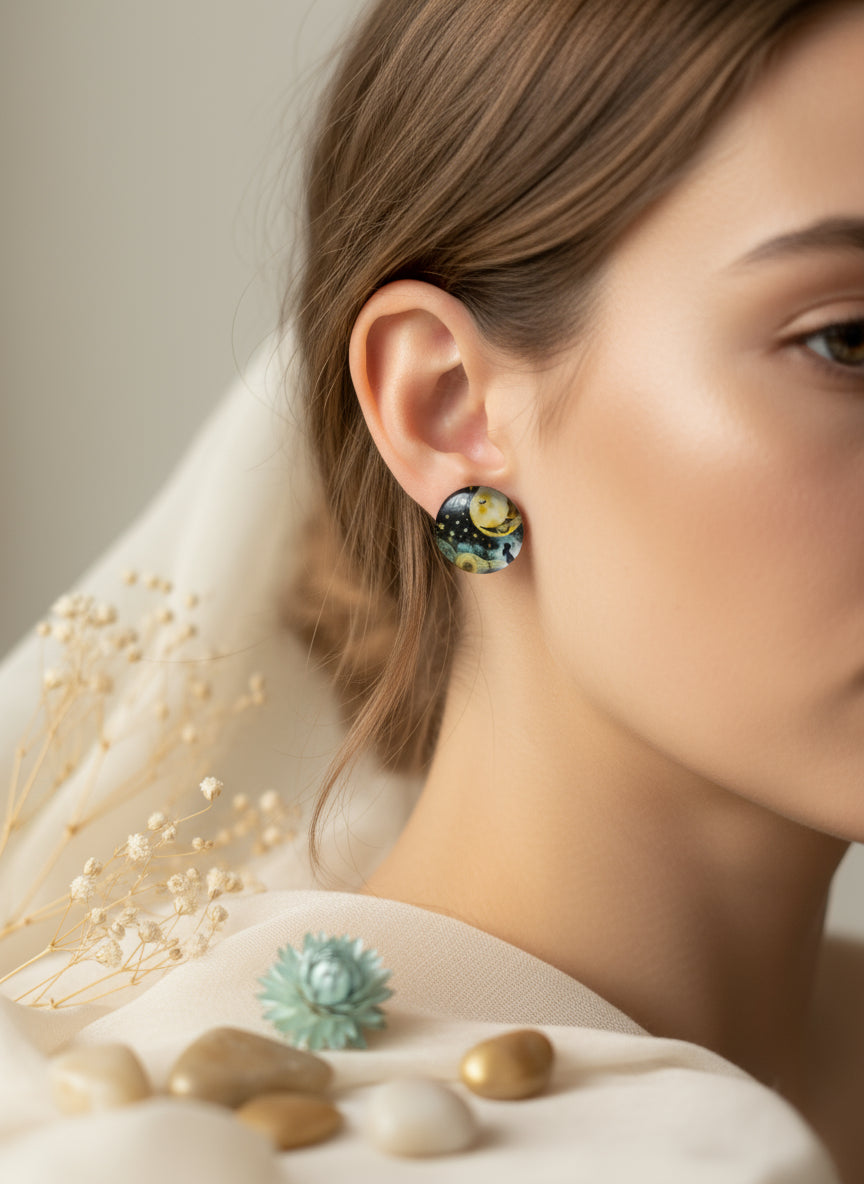 Cabochon Mystical Earring with Sun and Moon