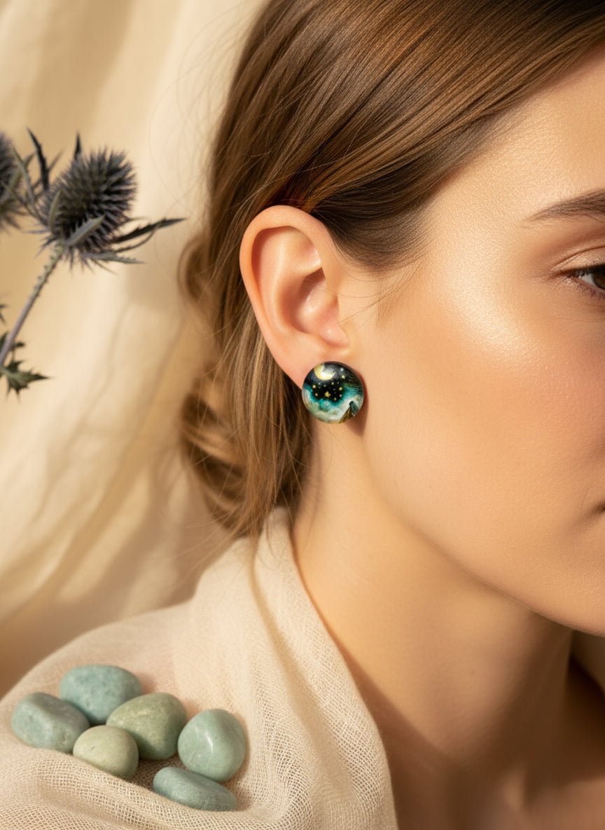 Cabochon Mystical Earring with Sun and Moon