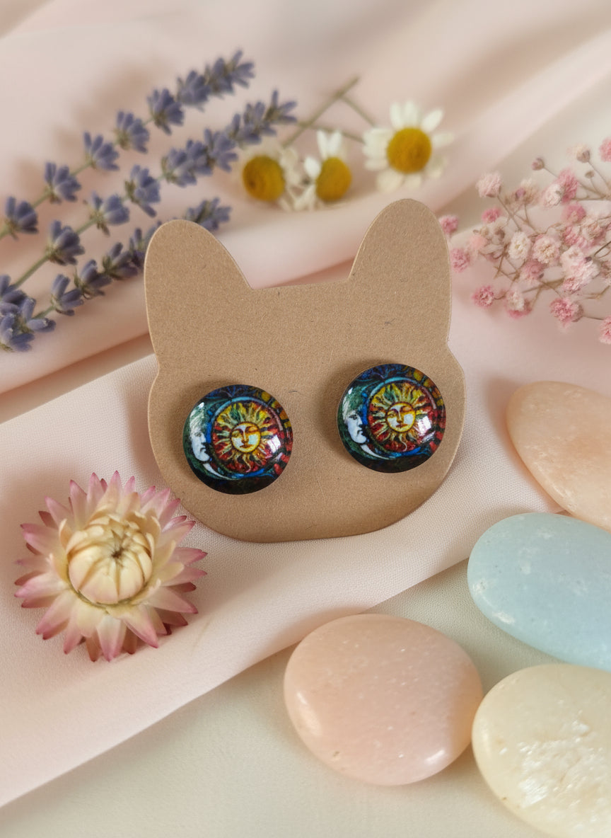 Cabochon Mystical Earring with Sun and Moon