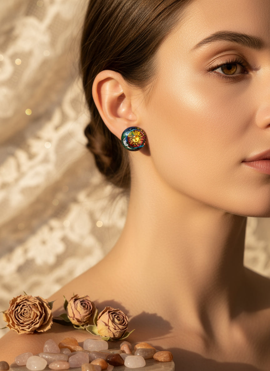 Cabochon Mystical Earring with Sun and Moon