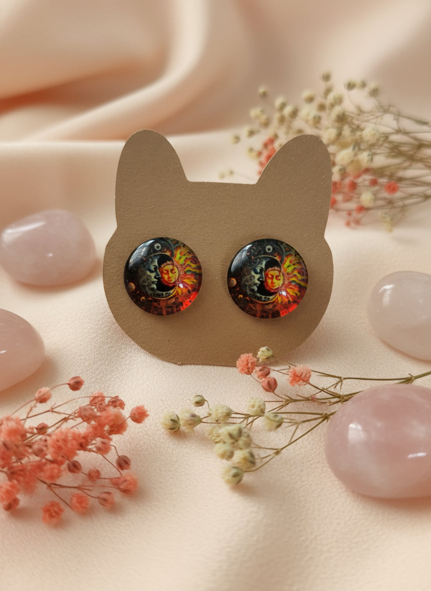 Cabochon Mystical Earring with Sun and Moon