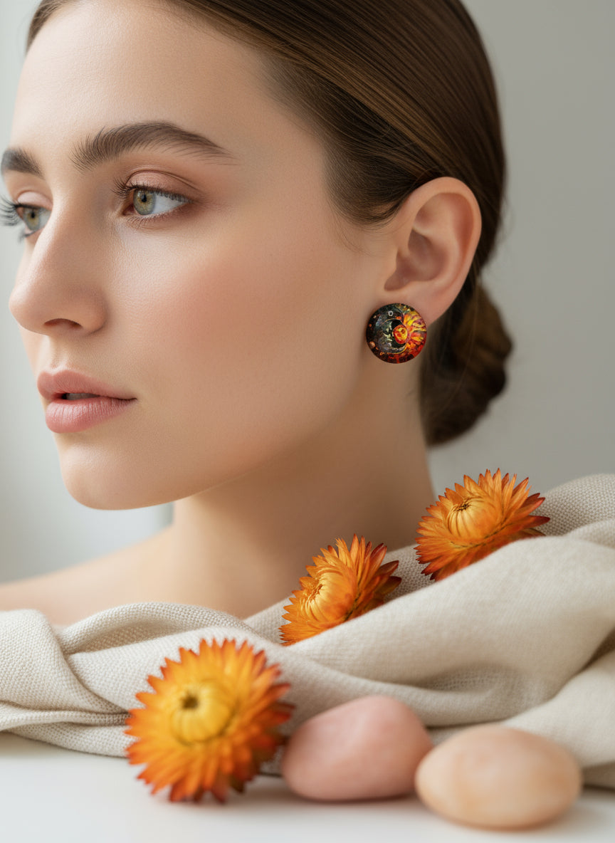 Cabochon Mystical Earring with Sun and Moon