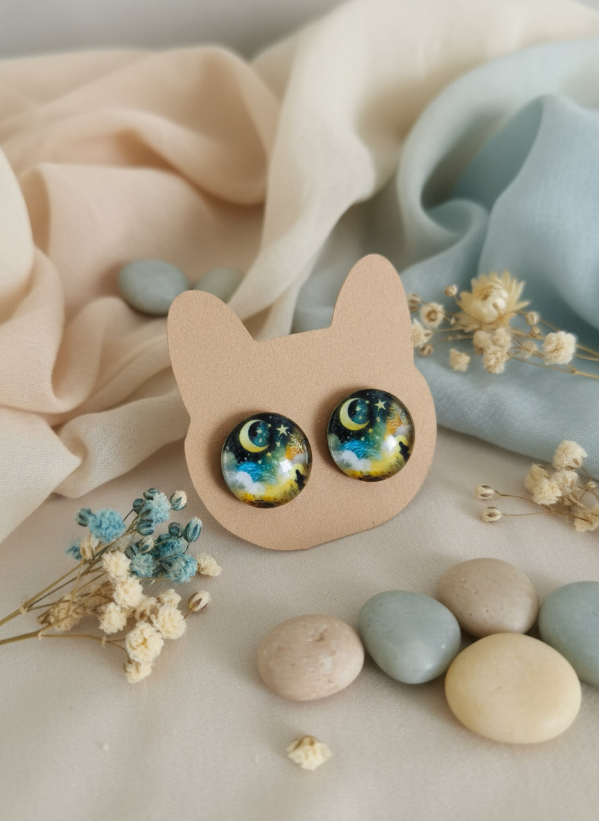 Cabochon Mystical Earring with Sun and Moon