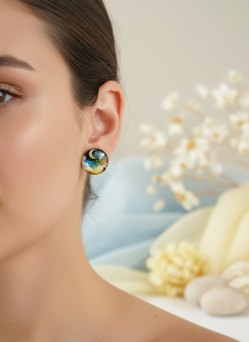 Cabochon Mystical Earring with Sun and Moon