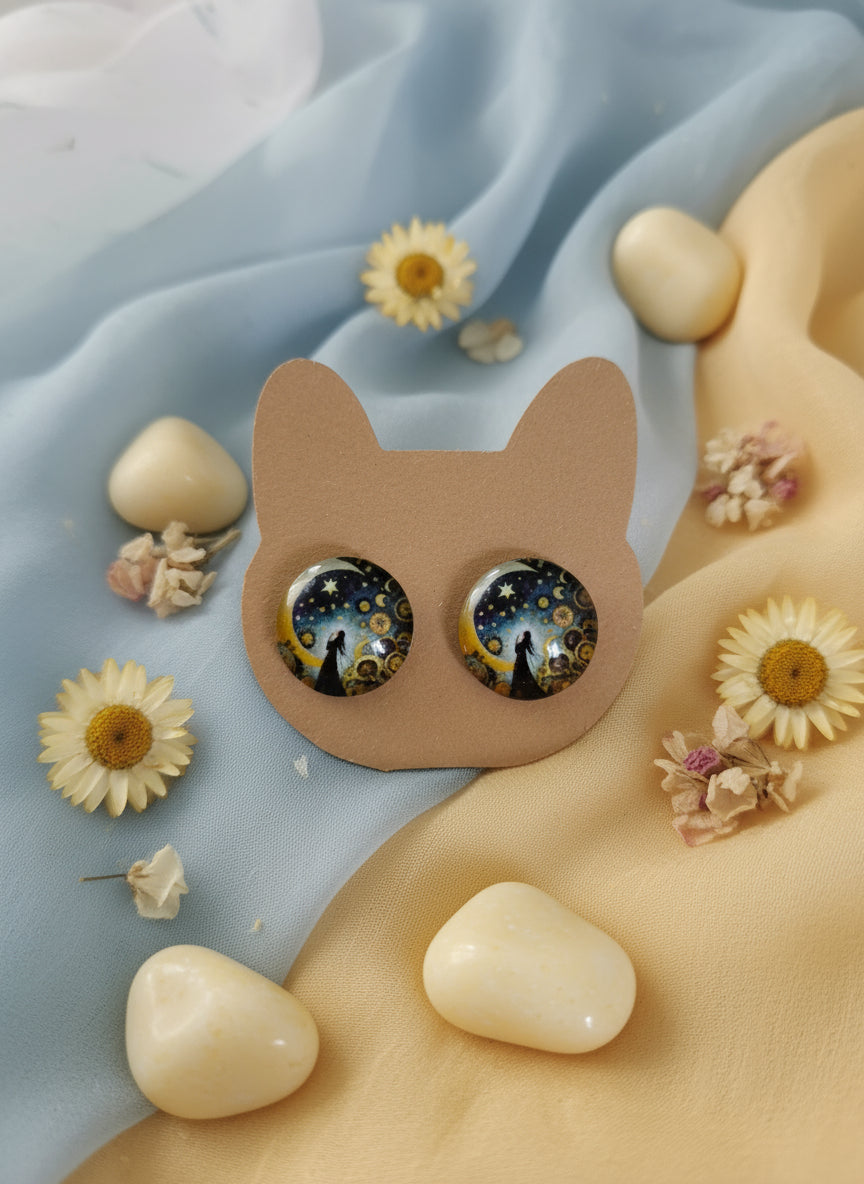 Cabochon Mystical Earring with Sun and Moon