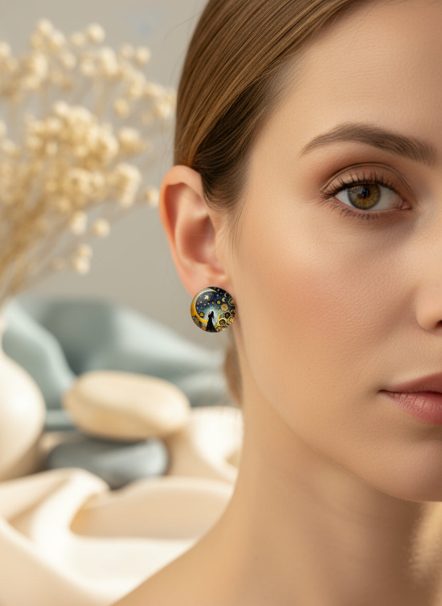 Cabochon Mystical Earring with Sun and Moon