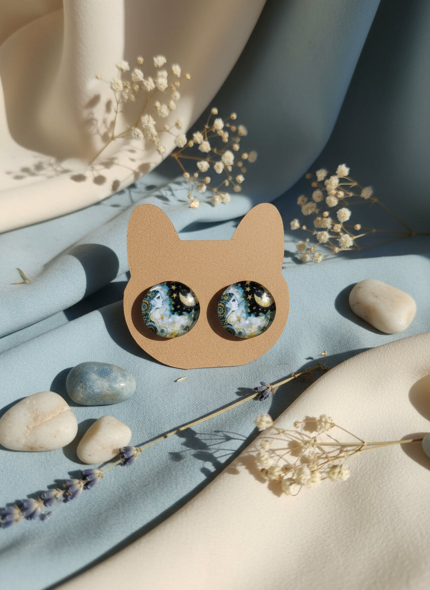 Cabochon Mystical Earring with Sun and Moon