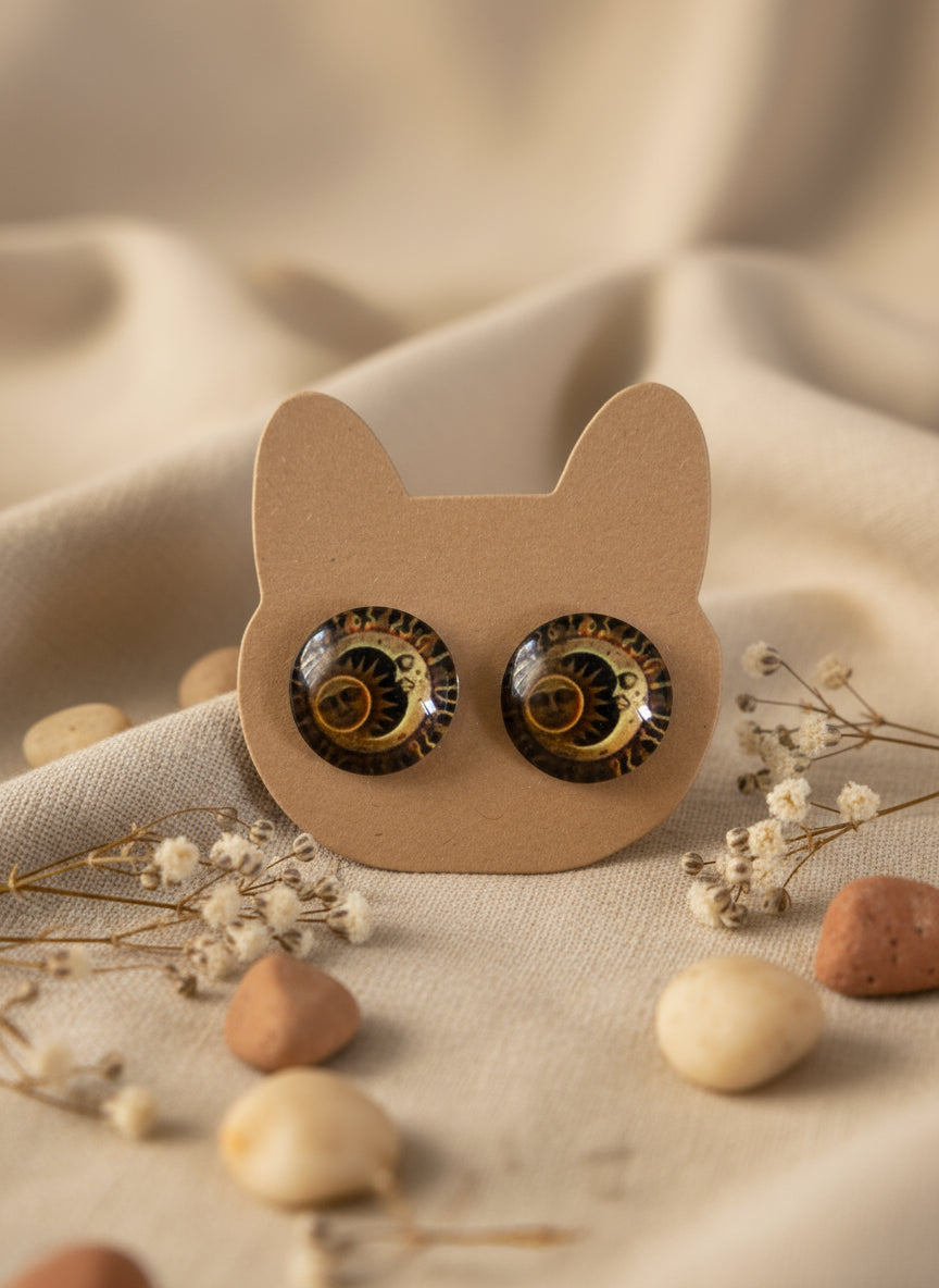 Cabochon Mystical Earring with Sun and Moon