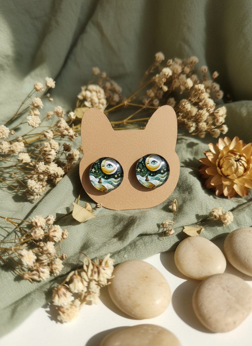 Cabochon Mystical Earring with Sun and Moon