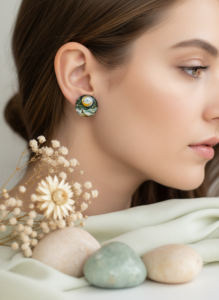 Cabochon Mystical Earring with Sun and Moon