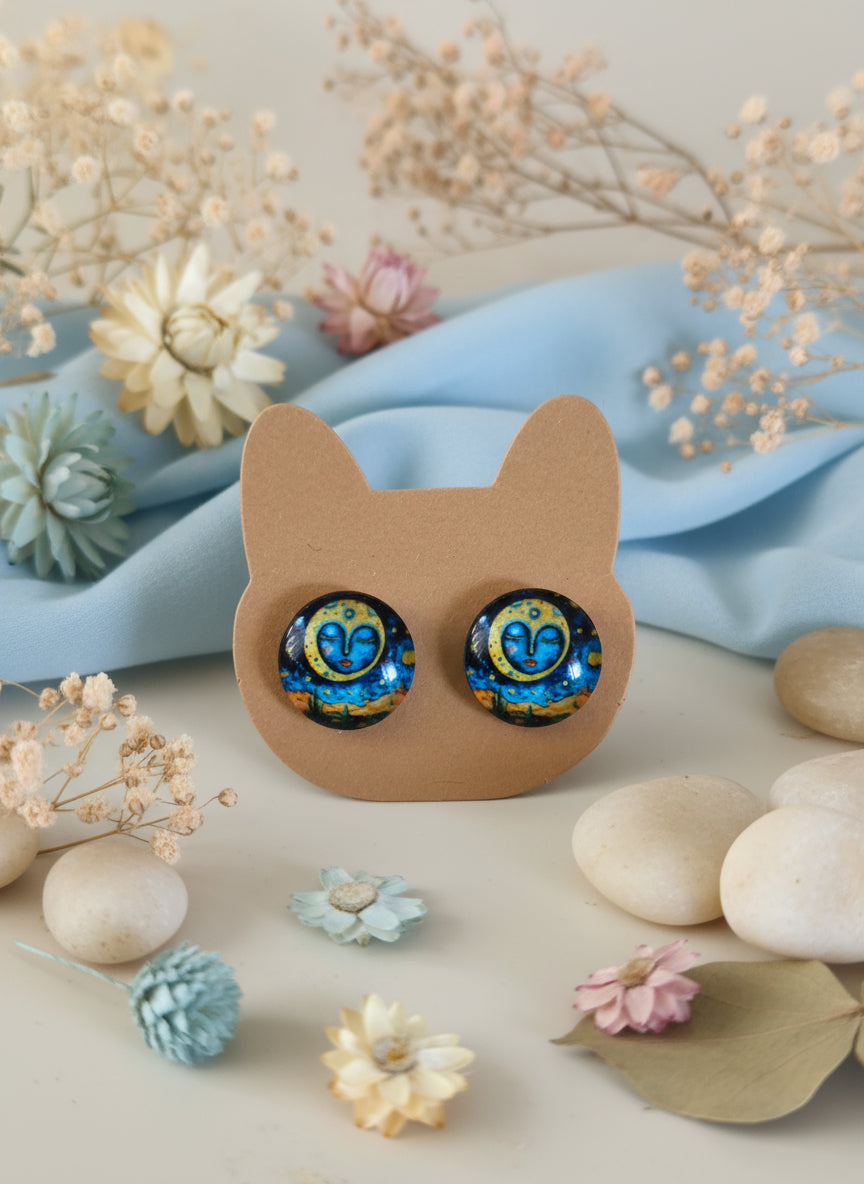 Cabochon Mystical Earring with Sun and Moon