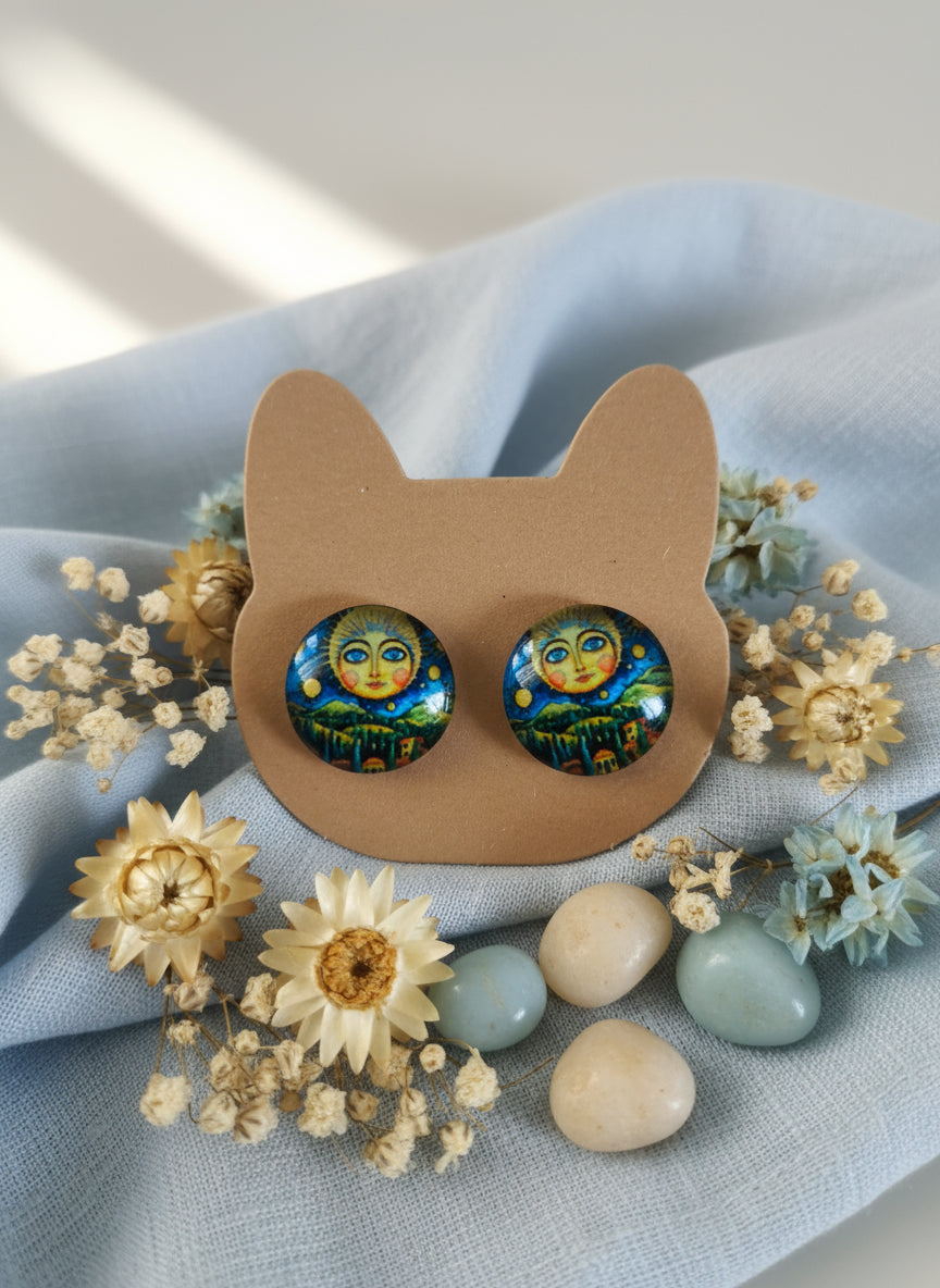 Cabochon Mystical Earring with Sun and Moon
