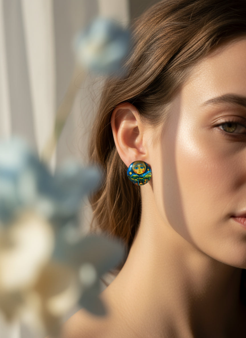 Cabochon Mystical Earring with Sun and Moon