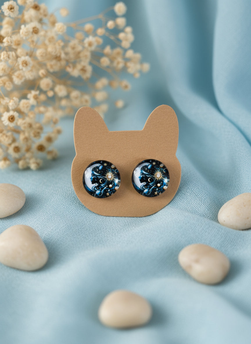 Cabochon Mystical Earring with Sun and Moon