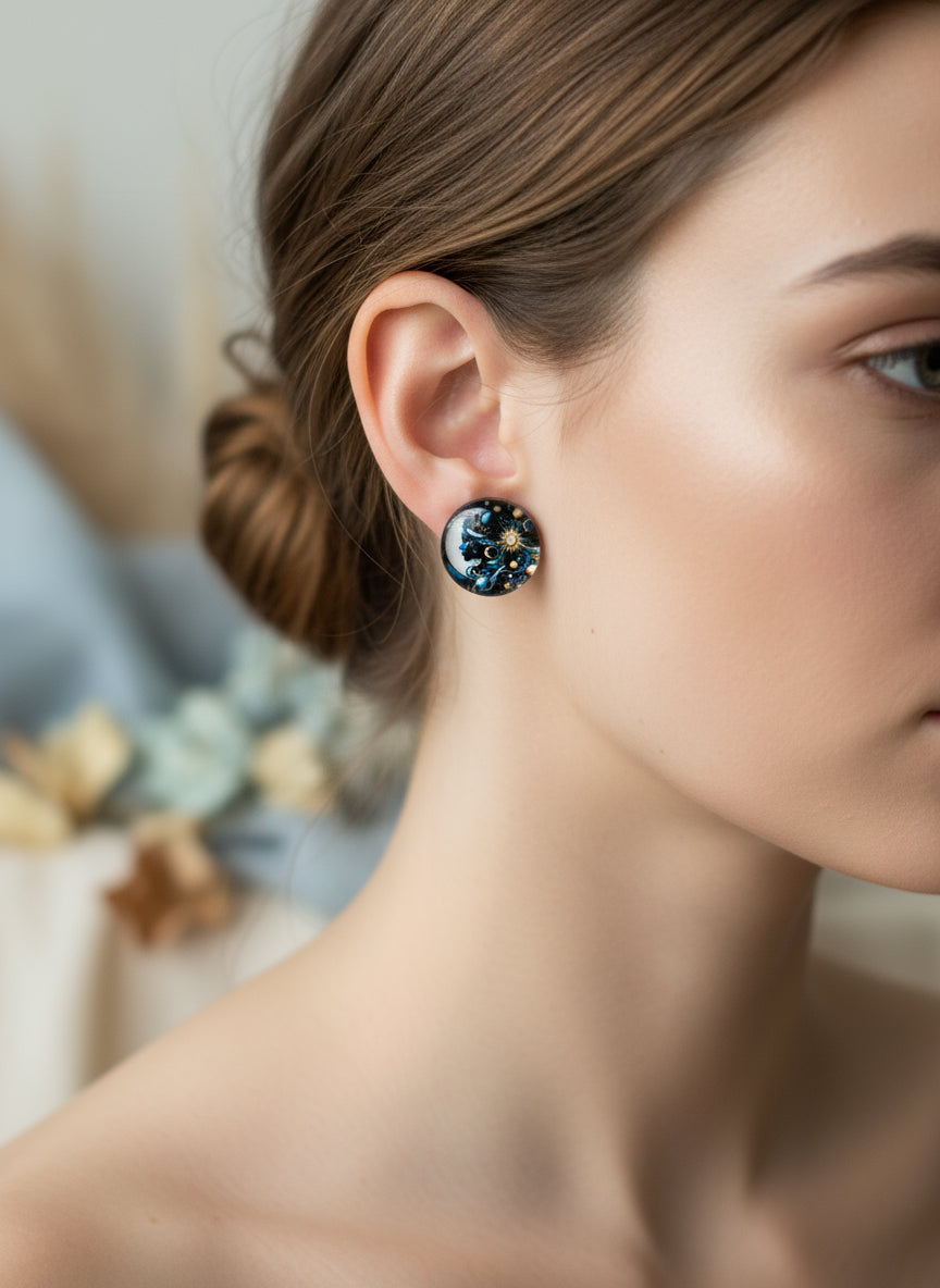 Cabochon Mystical Earring with Sun and Moon