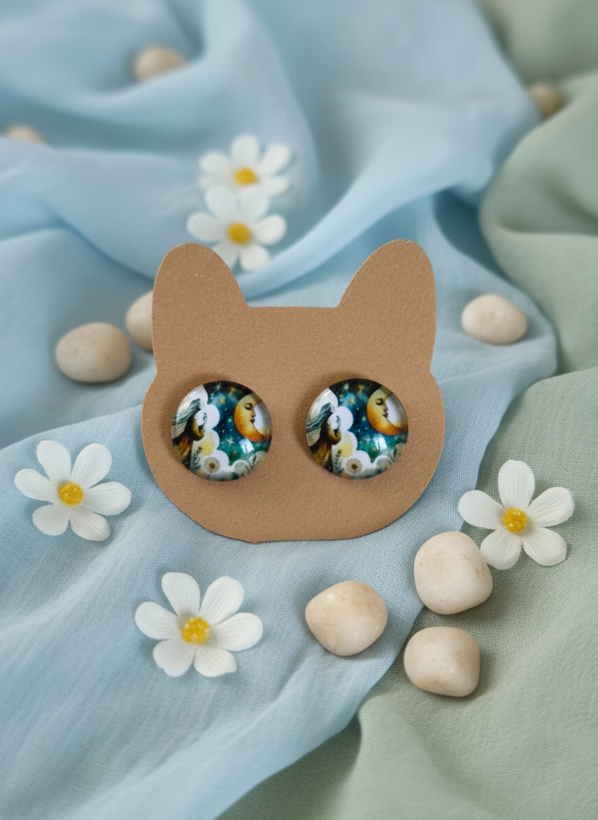 Cabochon Mystical Earring with Sun and Moon