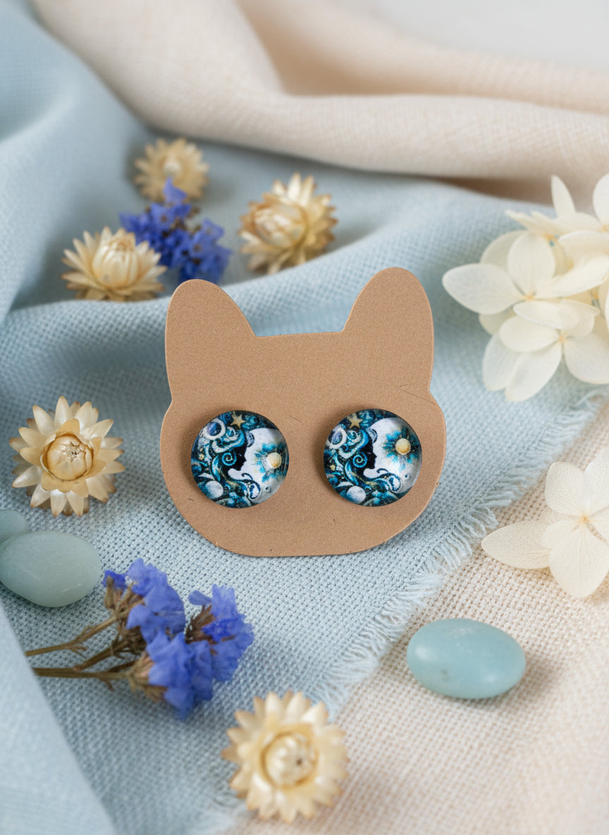 Cabochon Mystical Earring with Sun and Moon