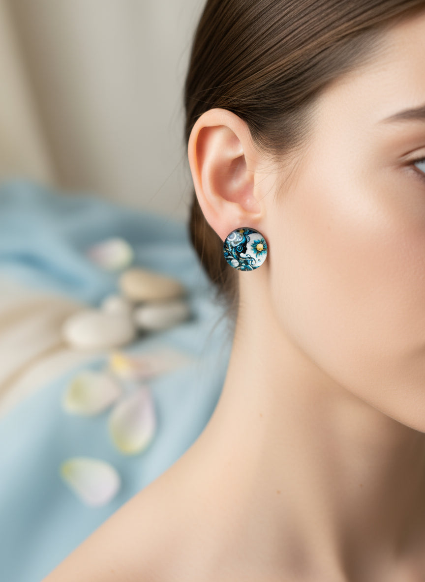 Cabochon Mystical Earring with Sun and Moon