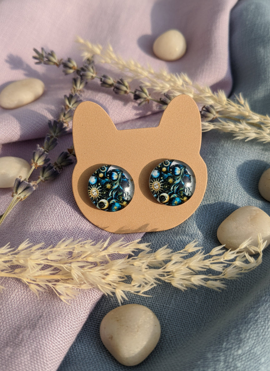 Cabochon Mystical Earring with Sun and Moon