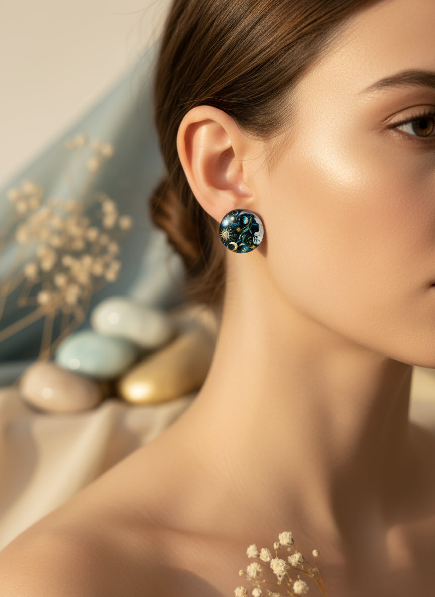 Cabochon Mystical Earring with Sun and Moon