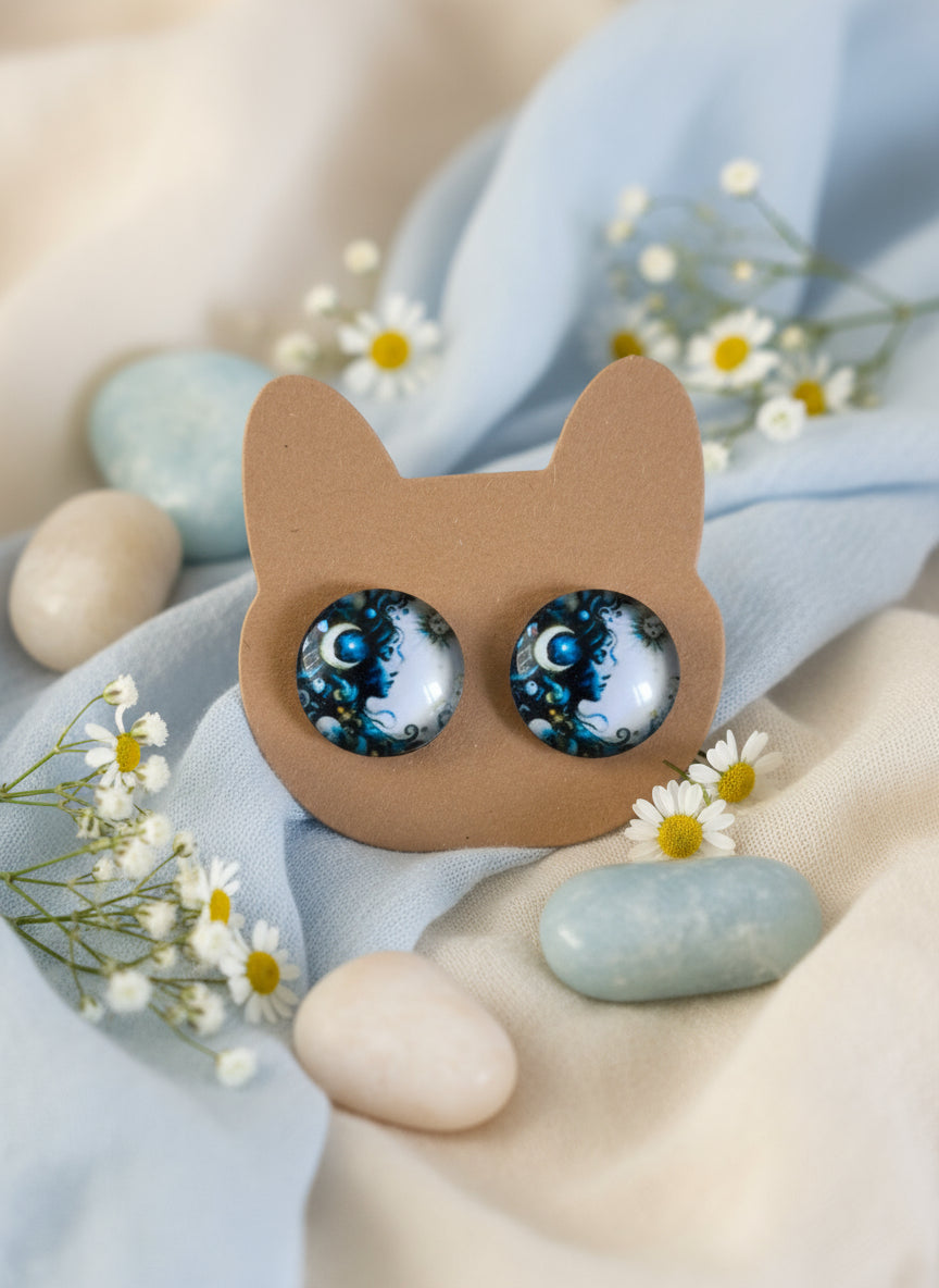 Cabochon Mystical Earring with Sun and Moon