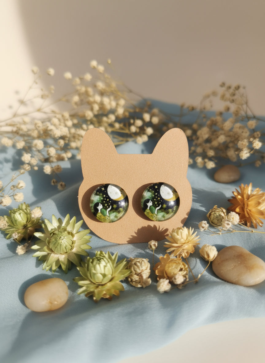 Cabochon Mystical Earring with Sun and Moon