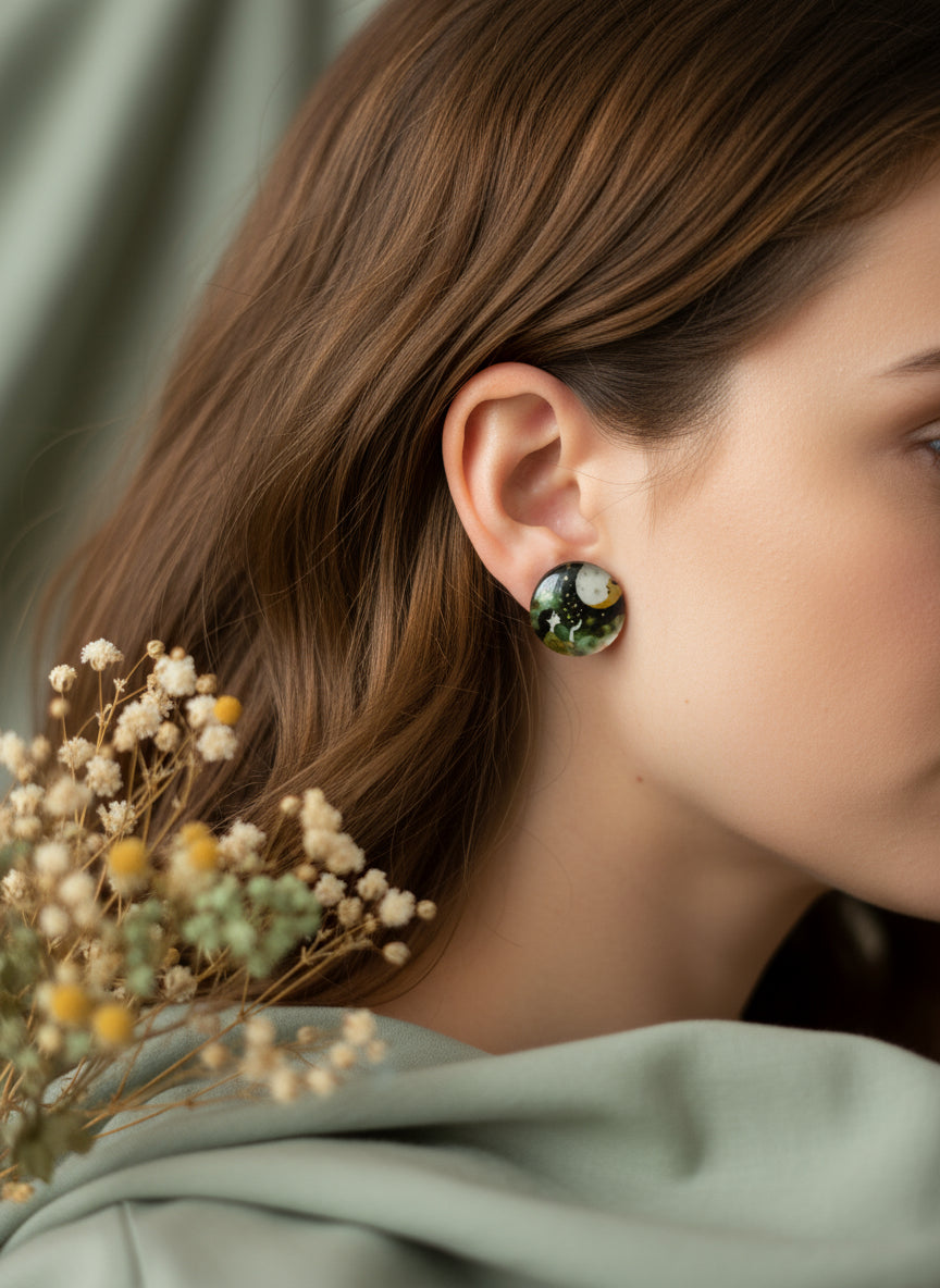 Cabochon Mystical Earring with Sun and Moon