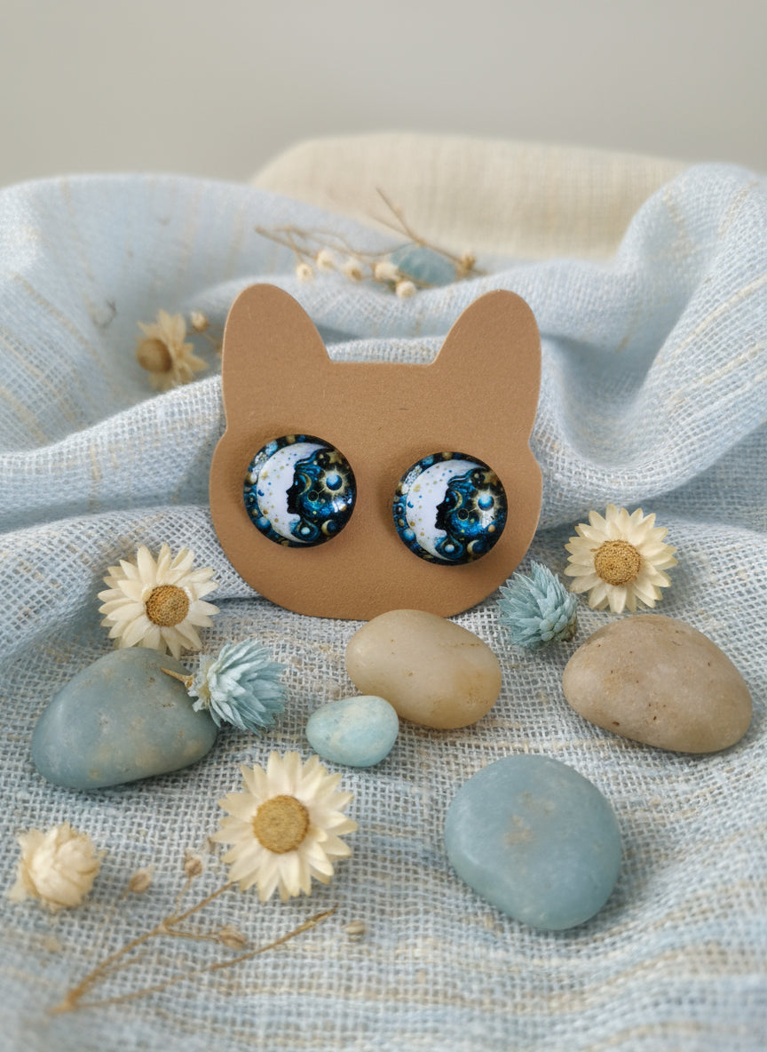 Cabochon Mystical Earring with Sun and Moon