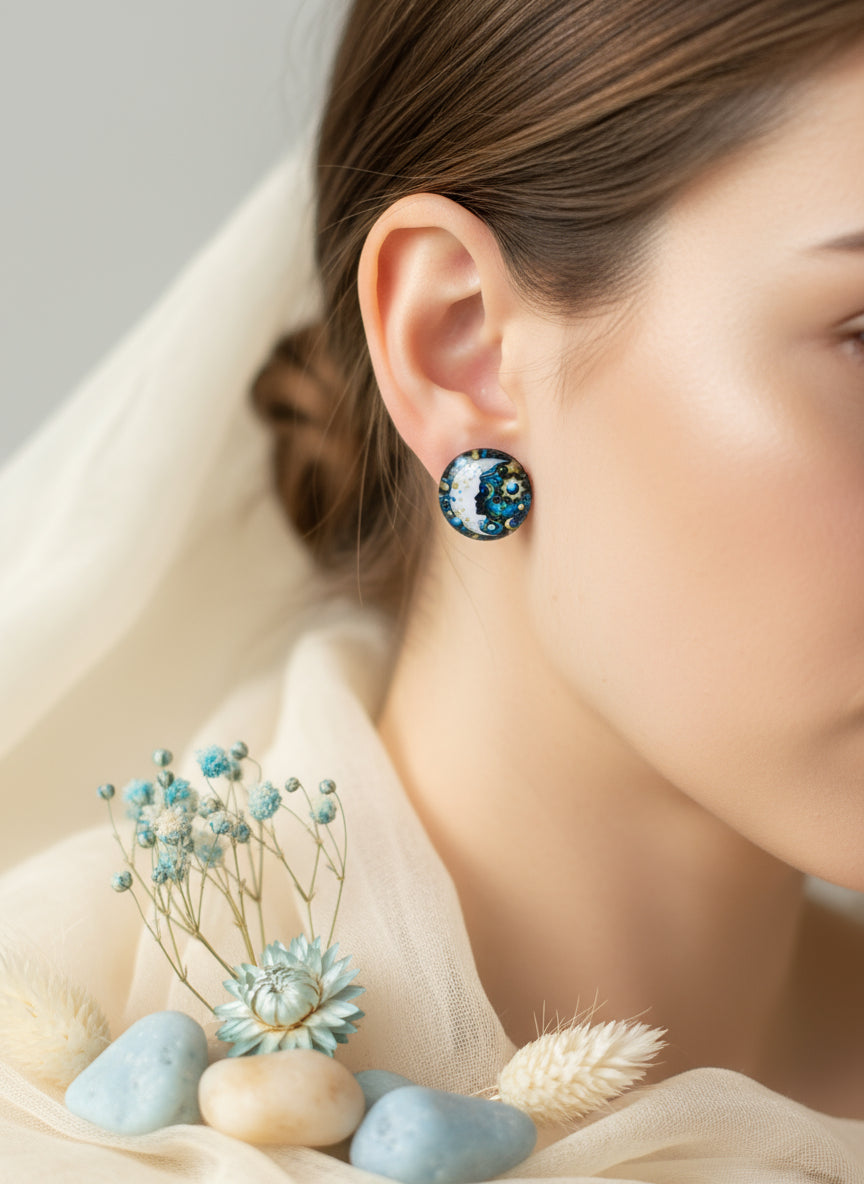 Cabochon Mystical Earring with Sun and Moon