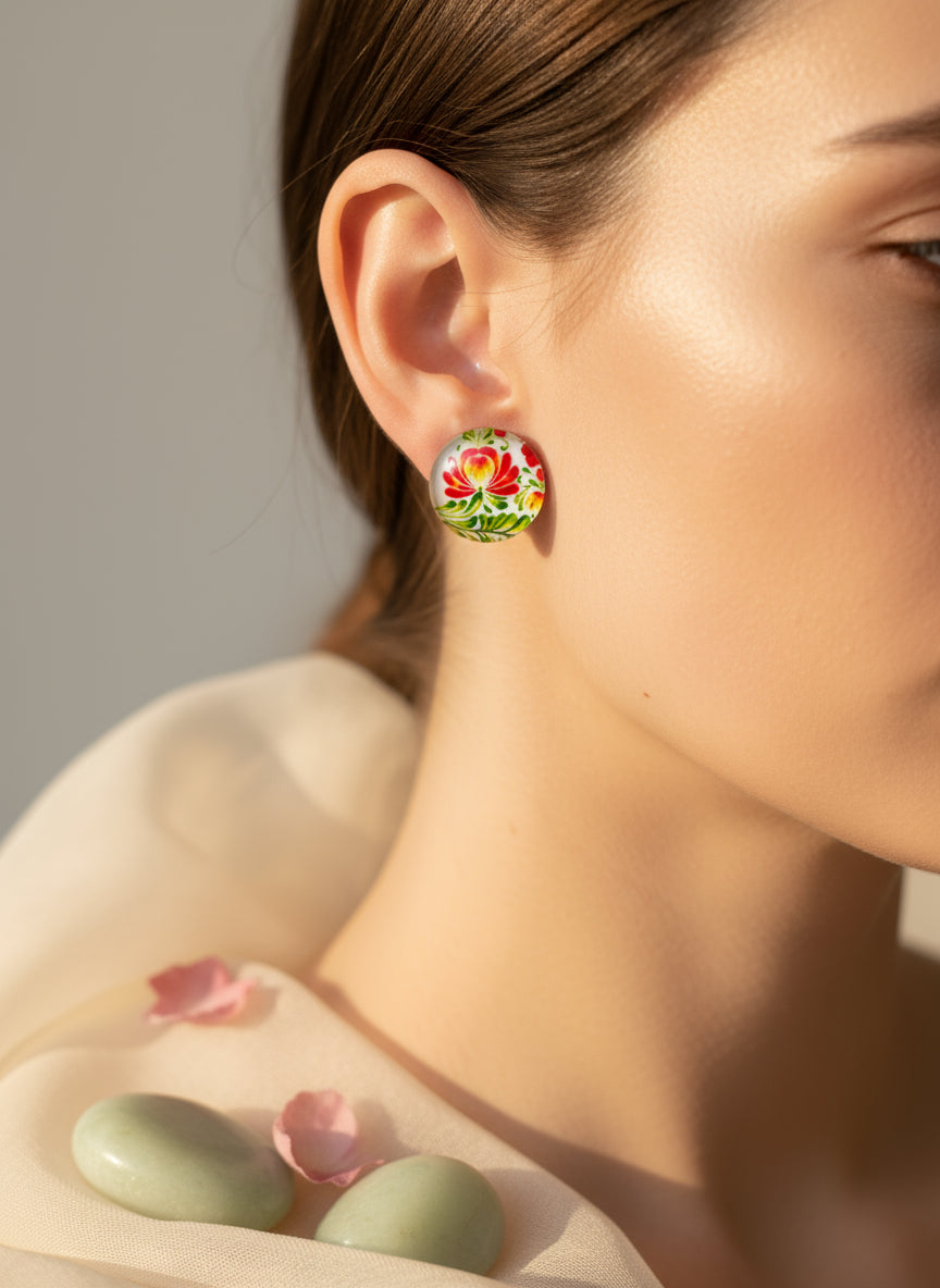 Cabochon Earring with Flower