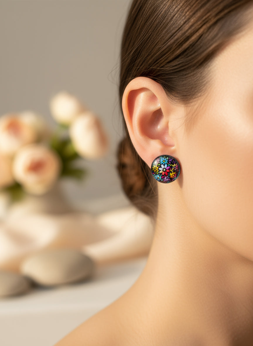 Cabochon Earring with Flower