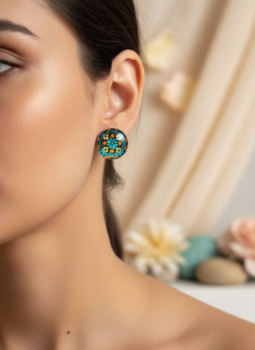 Cabochon Earring with Flower