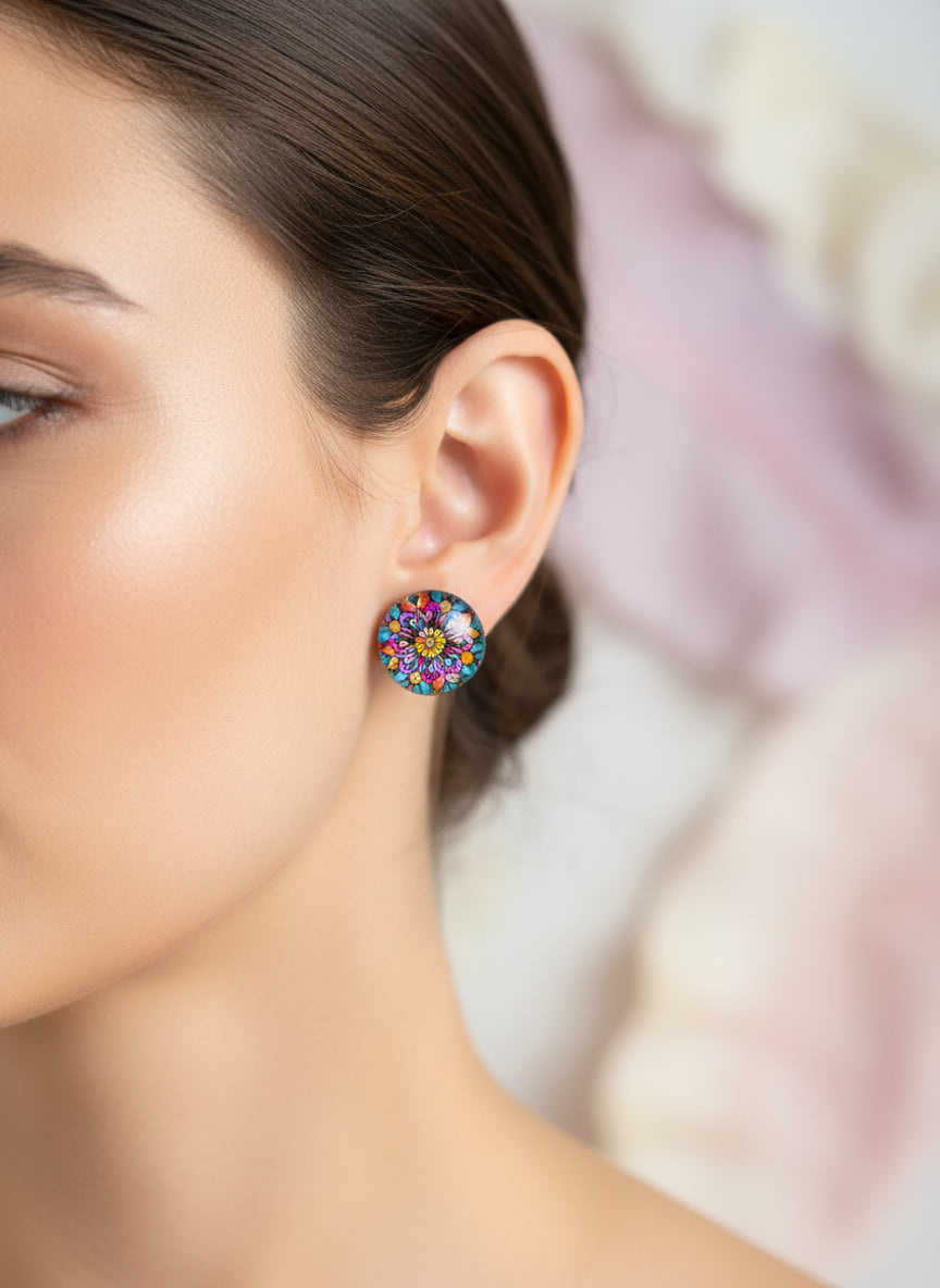Cabochon Earring with Flower