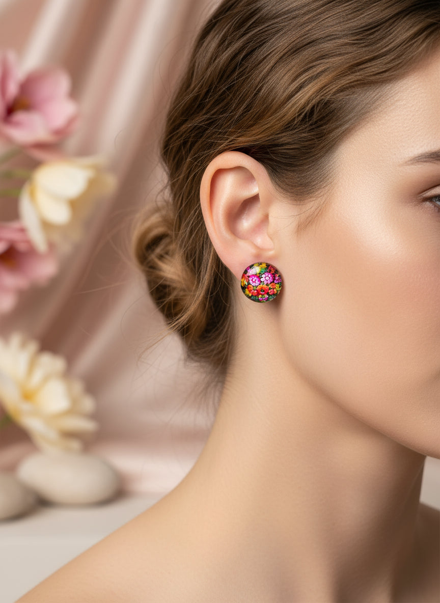 Cabochon Earring with Flower