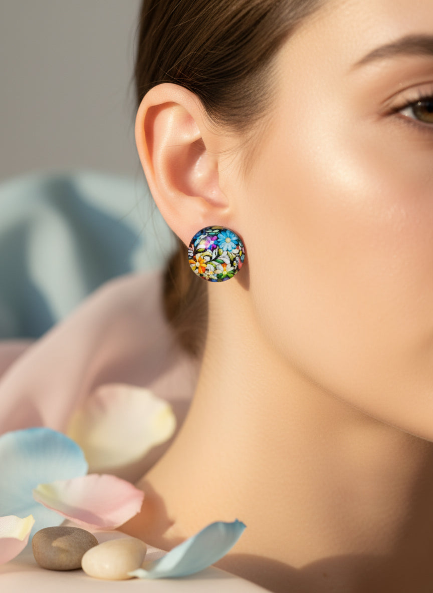 Cabochon Earring with Flower