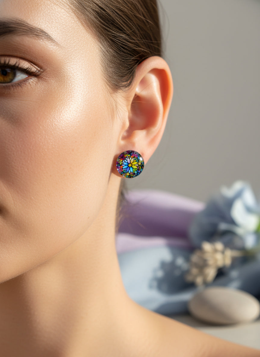 Cabochon Earring with Flower