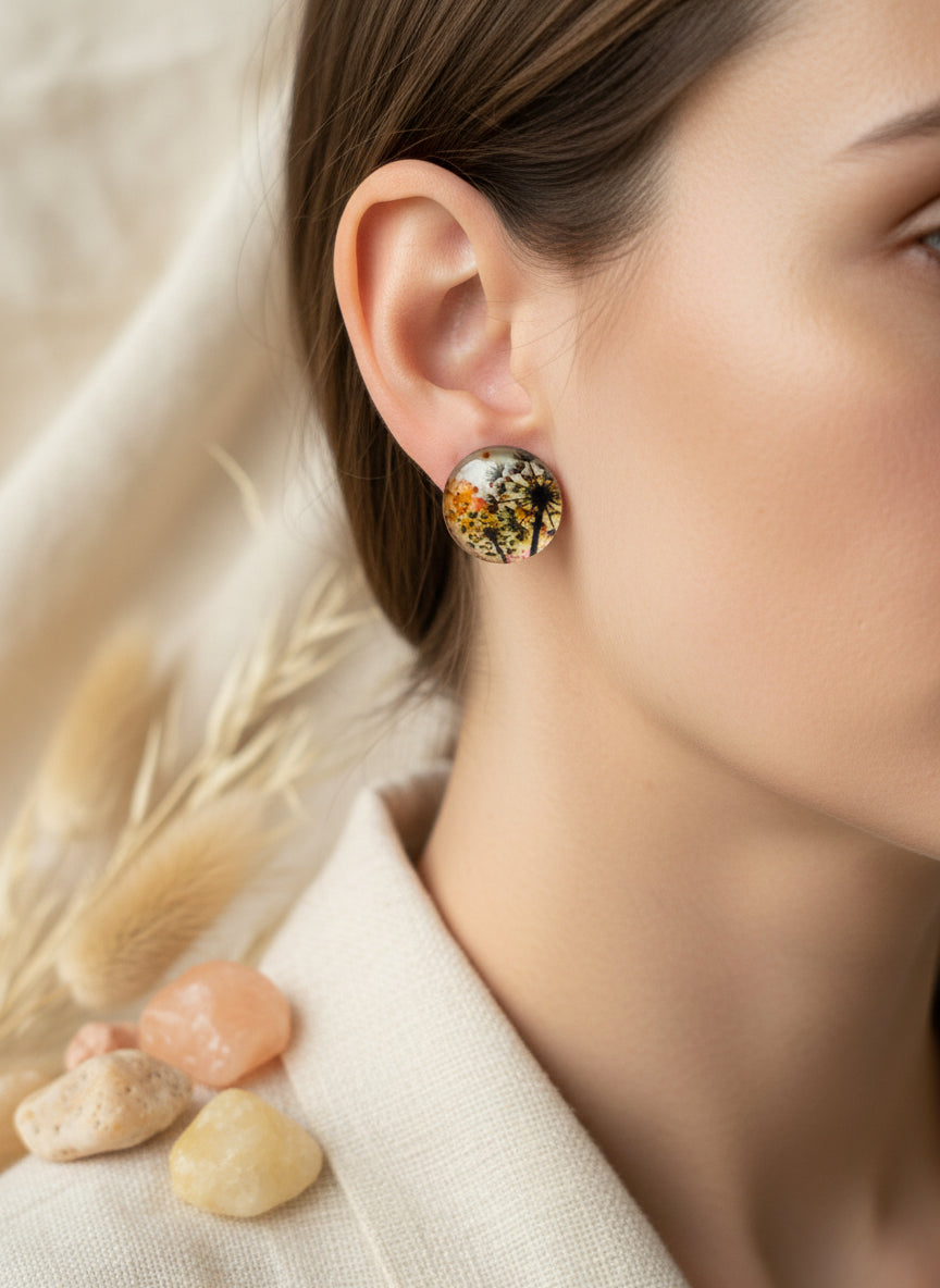 Cabochon Earring with Flower