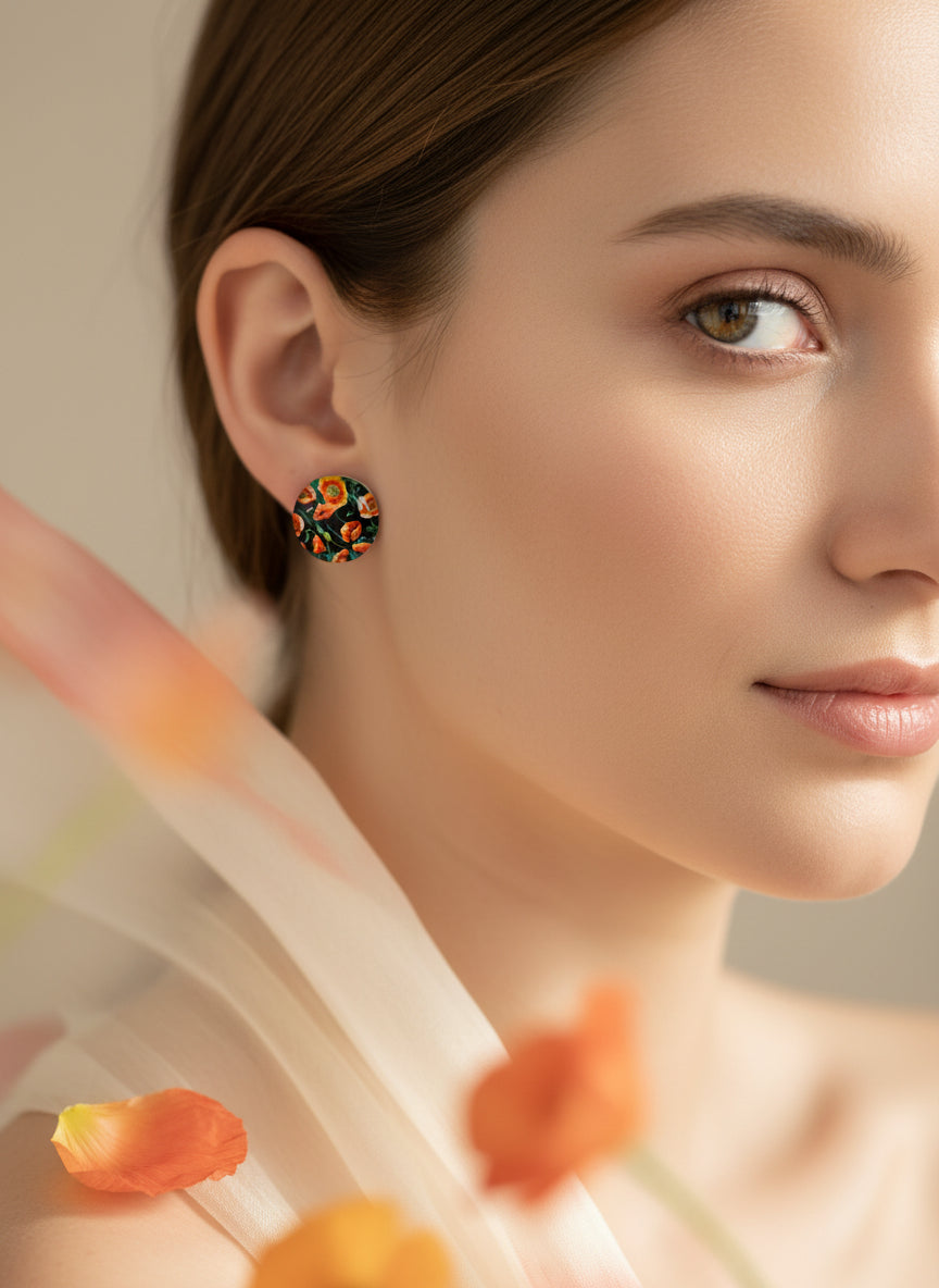 Cabochon Earring with Flower