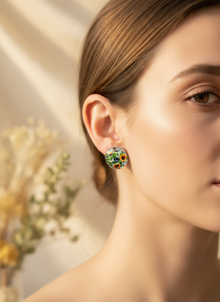 Cabochon Earring with Flower