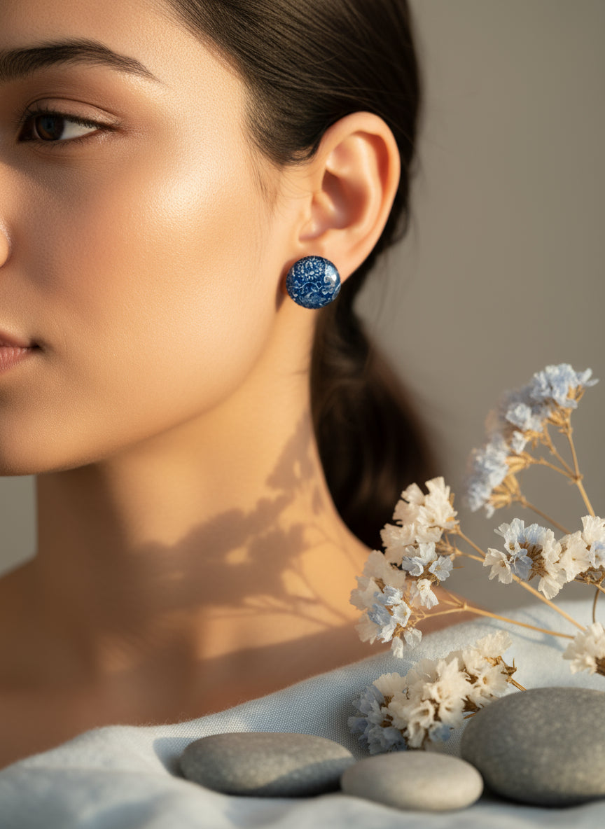 Cabochon Earring with Flower