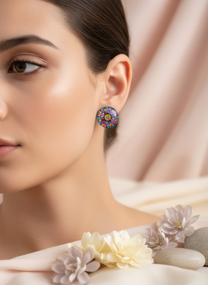 Cabochon Earring with Flower