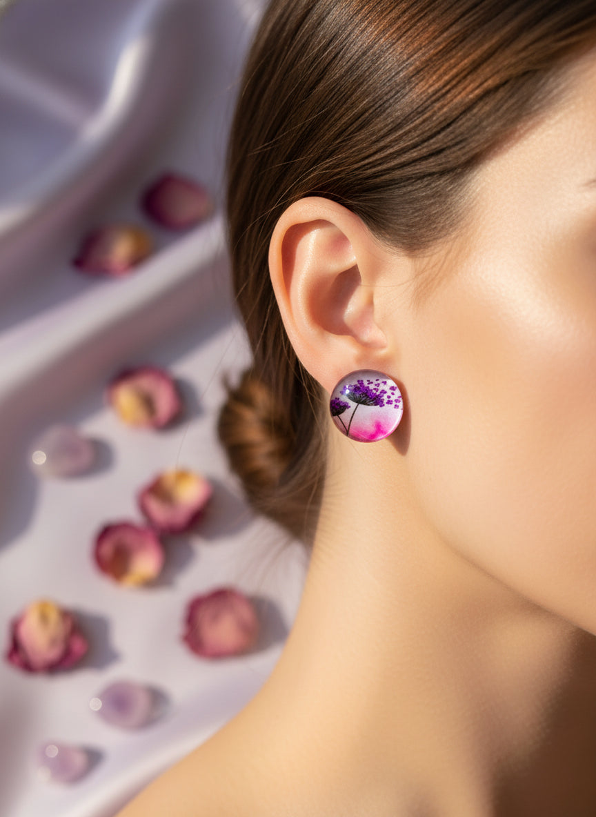 Cabochon Earring with Flower