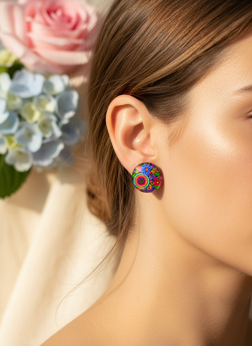 Cabochon Earring with Flower
