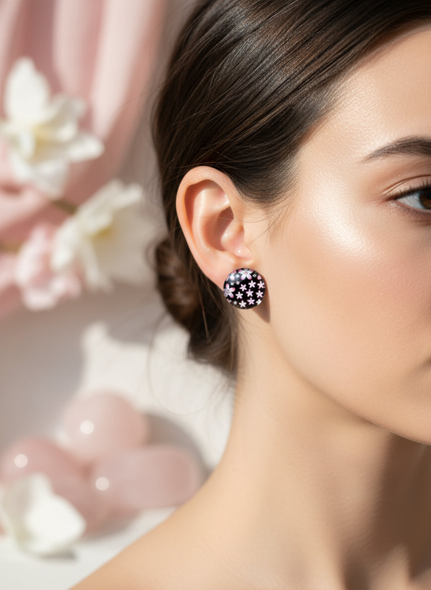 Cabochon Earring with Flower