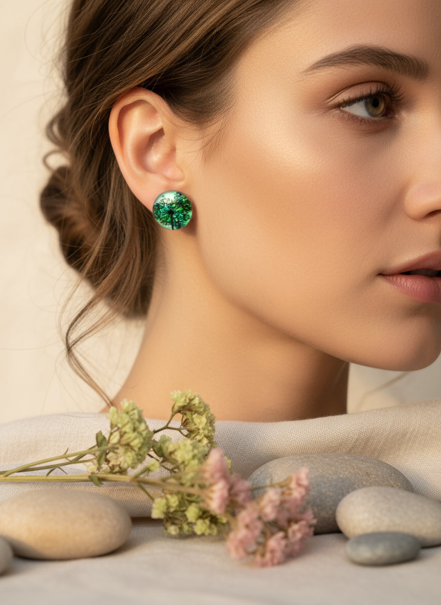 Cabochon Earring with Flower