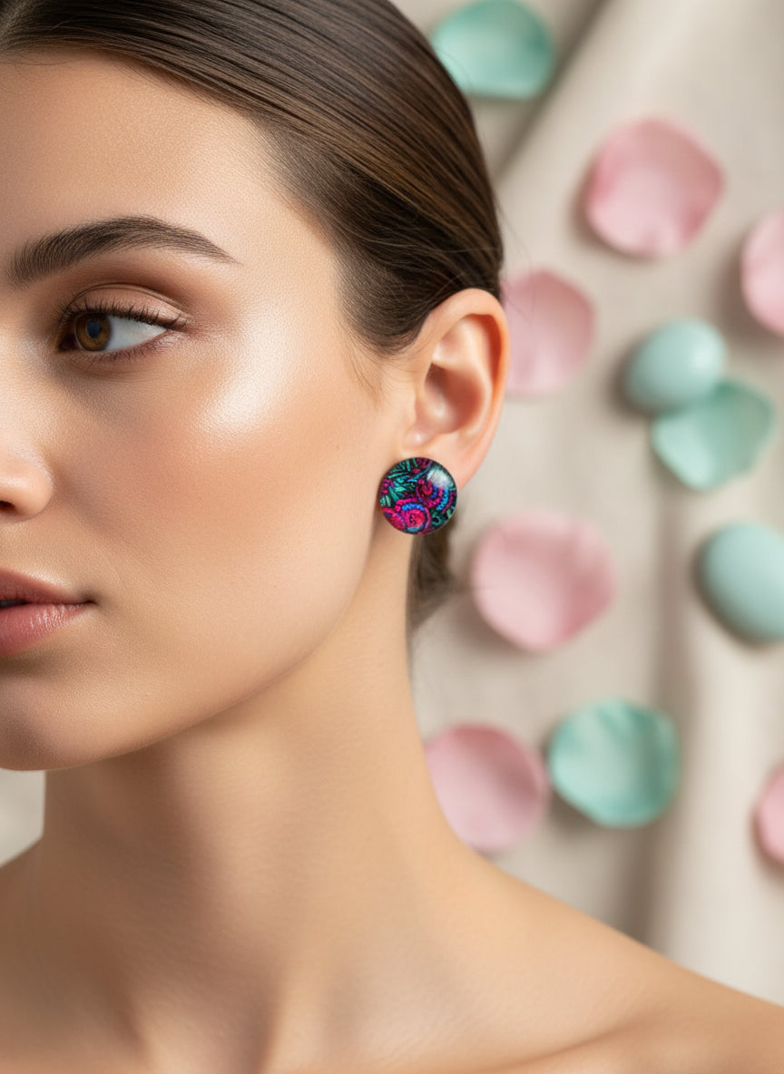 Cabochon Earring with Flower