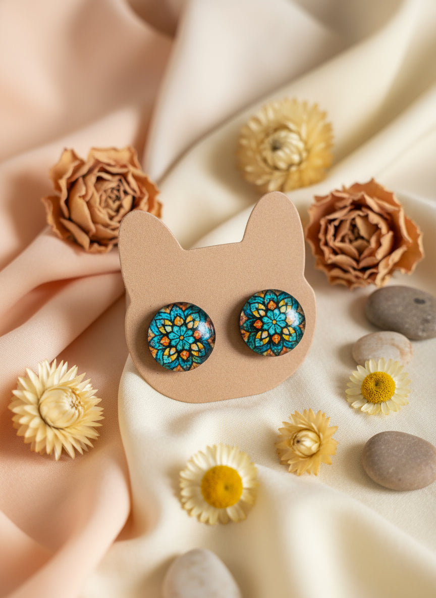 Cabochon Earring with Flower